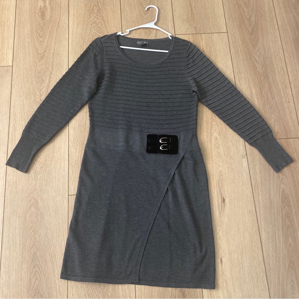 Neiman Marcus Gray Sweater Dress Size L Faux Belt